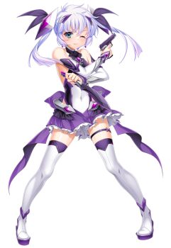 1girl ;) aqua_eyes back_bow bare_shoulders blush boots bow breasts closed_mouth covered_navel dagger detached_sleeves dual_wielding exs-tia_luna frilled_skirt frills full_body game_cg gem green_eyes gun hair_between_eyes hair_ornament hair_ribbon halterneck handgun headgear holding holding_dagger holding_gun holding_knife holding_weapon holster jewelry kamitsurugi_ouka knife kouyoku_senki_exs-tia_concert large_variant_set legs_apart leotard long_hair looking_at_viewer magical_girl miniskirt non-web_source official_art one_eye_closed pigeon-toed pleated_skirt purple_skirt reverse_grip ribbon skirt small_breasts smile solo standing sugahara_touka thigh_boots thigh_holster thigh_strap thighhighs transparent_background twintails v-shaped_eyebrows variant_set weapon white_hair white_thighhighs zettai_ryouiki