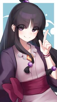 1girl absurdres ace_attorney bead_necklace beads black_hair border commentary_request hair_beads hair_ornament highres index_finger_raised japanese_clothes jewelry kimono long_hair long_sleeves looking_at_viewer magatama magatama_necklace maya_fey necklace purple_eyes purple_kimono smile solo upper_body violet_(mesy4285) white_border