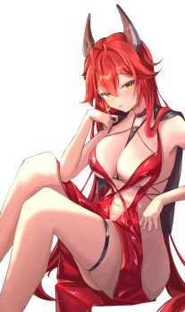 1girl absurdres between_breasts black_jacket black_necktie breasts clothing_cutout commentary dabrew dress evening_gown goddess_of_victory:_nikke highres horns jacket large_breasts long_hair looking_at_viewer mechanical_horns navel_cutout necktie necktie_between_breasts red_dress red_hair red_hood_(nikke) red_hood_(nonsense_red)_(nikke) revealing_clothes side_cutout simple_background solo thigh_strap thighs very_long_hair white_background yellow_eyes