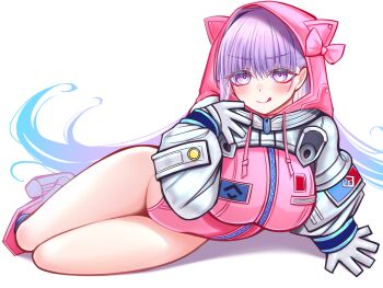 Rule 34 | 1girl, absurdres, bb (fate), bb cosmo (fate), blush, boots, breasts, commentary request, drawstring, fate/grand order, fate (series), gloves, grey gloves, grey shrug, highleg, highleg leotard, highres, hood, hood up, knee boots, large breasts, leotard, licking lips, long hair, long sleeves, looking at viewer, mcpc zamurai, pink boots, pink leotard, puffy long sleeves, puffy sleeves, purple eyes, purple hair, shrug (clothing), smile, solo, spacesuit, thighs, tongue, tongue out, very long hair, zipper