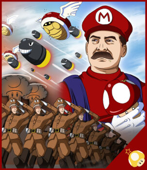 6+boys black_facial_hair bullet_bill buttoned_cuffs buttons newsboy_cap cloud communism cosplay epic explosion facial_hair goomba hat jacket joseph_stalin koopa_troopa male_focus mario mario_(cosplay) mario_(series) military military_jacket military_uniform multiple_boys mushroom mushroom_cloud mustache nintendo nuclear_explosion nuclear_weapon outdoors overalls pants pants_tucked_in parody propaganda real_life real_life_insert realistic red_star salute shell sky soldier soviet star_(symbol) super_mario_bros._1 super_mushroom tri war weapon_of_mass_destruction wings