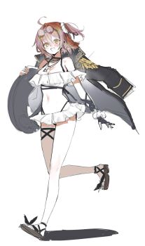 1girl bikini blush breasts brown_sandals choker criss-cross_straps edmond_dantes_(fate) edmond_dantes_(monte_cristo_selection)_(fate) eyewear_on_head fate/grand_order fate_(series) frilled_bikini frills fujimaru_ritsuka_(female) full_body highleg highleg_bikini highres holding_floatie jacket jacket_on_shoulders jewelry key looking_at_viewer medium_breasts multiple_necklaces necklace okchun orange_hair sandals shadow sketch smile solo swimsuit thigh_strap walking white_bikini yellow_eyes