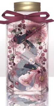 air_bubble aru_(citrine_drplt) bubble cherry claws closed_mouth commentary_request dragapult drakloak dreepy evolutionary_line flower food fruit gen_8_pokemon highres jar looking_at_viewer looking_to_the_side nintendo no_humans open_mouth pokemon pokemon_(creature) red_ribbon reflection ribbon white_flower