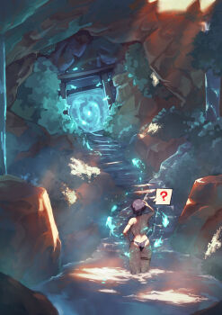 1girl ? absurdres ass backboob bikini black_bikini black_hair breasts cave from_behind hand_on_own_head highres in_water lake large_breasts looking_ahead original portal_(object) rou_(rou22) short_hair solo spoken_question_mark swimsuit thigh_strap topless_female