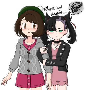 2girls :t black_hair black_jacket brown_eyes brown_hair buttons cardigan character_name closed_mouth collared_dress commentary_request dress earrings eyelashes gloria_(pokemon) green_eyes green_hat grey_cardigan hair_ribbon hat highres hood hood_down hooded_cardigan jacket jewelry long_sleeves marnie_(pokemon) multiple_girls nintendo open_clothes open_jacket open_mouth pink_dress pokemon pokemon_sword_and_shield red_ribbon ribbon squiggle tam_o'_shanter twintails white_background ya_mari_mo_3 yuri