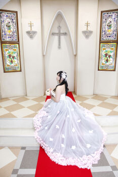 1girl asian black_hair breasts bride chouzuki_maryou cleavage dress highres lipstick makeup photo_(medium) plump solo wedding_dress