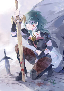 1girl blood blood_on_face bloody_weapon breasts cape female_byleth_(fire_emblem) fire_emblem fire_emblem:_three_houses full_body gauntlets gloves hair_between_eyes holding holding_sword holding_weapon large_breasts long_hair nintendo oboro_keisuke on_one_knee pantyhose planted planted_sword planted_weapon solo sword tassel weapon white_gloves