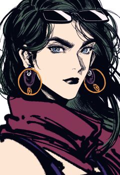 1girl bad_id bad_pixiv_id battle_tendency black_hair black_lips blue_eyes blue_shirt commentary_request earrings eyewear_on_head highres hoop_earrings jewelry jojo_no_kimyou_na_bouken lisa_lisa long_hair my_nameisyoon purple_scarf scarf shirt solo sunglasses thick_eyebrows upper_body white_background