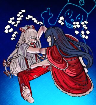 2girls angry arguing barefoot black_hair blank_speech_bubble blue_background blunt_bangs bow clenched_teeth conjoined fighting frills fujiwara_no_mokou guro hair_bow houraisan_kaguya long_hair multiple_girls ohanessia pants pink_skirt red_pants red_skirt sitting skirt speech_bubble suspenders teeth touhou very_long_hair what white_bow white_hair yagokoro yagokoro_eirin