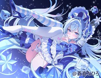 1girl :o ass asymmetrical_legwear black_background blue_background blue_bonnet blue_dress blue_eyes blue_hair blue_nails blue_pants blue_shirt blush bonnet character_name commentary_request convenient_censoring dress frilled_dress frills ggatip gradient_background high_heels highres ice ice_cube indie_virtual_youtuber knees_up long_hair looking_at_viewer mismatched_legwear nail_polish official_art pants pantyhose shirt snowflakes solo soma_nahiro very_long_hair virtual_youtuber white_pantyhose