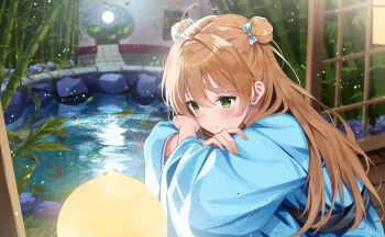 1girl ahoge aizawa_(aizawatsu) blue_bow blue_kimono blurry blurry_background blush bow brown_hair closed_mouth crossed_arms double_bun girls&#039;_frontline green_eyes hair_between_eyes hair_bow hair_bun highres japanese_clothes kimono long_hair long_sleeves outdoors rfb_(girls&#039;_frontline) smile solo wide_sleeves