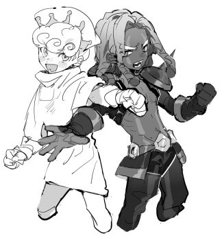 2boys apron armor bad_id bad_twitter_id blush cookie_run cookie_run:_ovenbreak cropped_legs dark-skinned_male dark_skin dreadlocks gloves humanization inactive_account long_hair looking_at_viewer male_focus milk_cookie monochrome multiple_boys nana_(ebitokanimiso) open_mouth painttool_sai_(medium) purple_yam_cookie short_hair simple_background sketch topless_male white_background