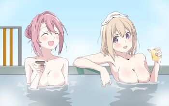 2girls alcohol beer blonde_hair breasts choko_(cup) cleavage commentary_request cup day drinking_glass hair_bun highres holding holding_cup kamiina_botan kamiina_botan_yoeru_sugata_wa_yuri_no_hana large_breasts multiple_girls nude open_mouth outdoors partially_submerged pink_hair purple_eyes same-sex_bathing segawithcapcom shared_bathing tonami_ibuki towel towel_on_head wet