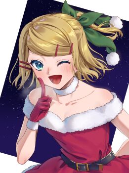 1girl absurdres bare_shoulders belt belt_buckle black_belt blue_eyes blush bow breasts breath buckle choker christmas cleavage cold collarbone dress fur-trimmed_dress fur-trimmed_gloves fur_trim gloves green_bow green_ribbon hair_bow hair_ornament hairclip half_updo highres index_finger_raised inu8neko kagamine_rin narrow_waist night off-shoulder_dress off_shoulder one_eye_closed open_mouth ponytail red_dress red_gloves ribbon santa_costume santa_dress short_ponytail sky small_breasts smile solo star_(sky) starry_sky vocaloid white_choker
