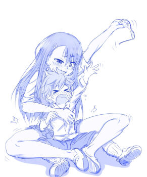 1boy 1girl age_difference aged_down aroused asymmetrical_bangs blue_theme blush bullying crazy_eyes crying fang glasses hachiouji_naoto hair_ornament hairclip hand_on_another's_chest highres holding holding_removed_eyewear ijiranaide_nagatoro-san legs long_hair messy_hair motion_lines nagatoro_hayase naughty_face onee-shota pleated_skirt raised_eyebrow restrained school_uniform shirt shoes shorts sketch skin_fang skirt smile tears thighs unworn_eyewear viperxtr white_shirt