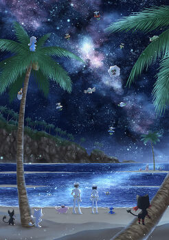 1boy 1girl aether_foundation_employee aether_foundation_employee_(female) aether_foundation_employee_(male) alolan_form alolan_meowth alolan_rattata bagon beach commentary_request corsola cottonee crabrawler flabebe flabebe_(blue_flower) flabebe_(orange_flower) flabebe_(red_flower) flabebe_(white_flower) flabebe_(yellow_flower) forgotten_artist gen_1_pokemon gen_2_pokemon gen_3_pokemon gen_4_pokemon gen_5_pokemon gen_6_pokemon gen_7_pokemon grubbin hat jumpsuit litten mantyke night nintendo outdoors palm_tree pokemon pokemon_(creature) pokemon_sm popplio ribombee rowlet sand shoes shore sky slowking slowpoke spinarak standing star_(sky) tree water whimsicott white_footwear white_headwear