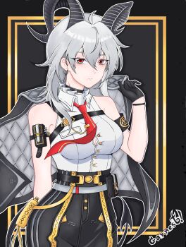 1girl absurdres adapted_costume ahoge arm_pouch armband artist_name bare_shoulders black_armband black_choker black_gloves black_horns black_jacket black_pants black_tail button_gap chest_harness choker closed_mouth collared_shirt commentary cowboy_shot curled_horns demon_tail earrings english_commentary garnest gloves grey_hair hair_between_eyes harness high-waist_pants highres holding holding_jacket holding_unworn_clothes holding_unworn_jacket horns jacket jewelry key_earrings long_hair looking_at_viewer pants red_eyes shirt shirt_tucked_in sleeveless sleeveless_shirt solo tail tight_clothes tight_pants unworn_jacket white_shirt wuthering_waves zani_(wuthering_waves)