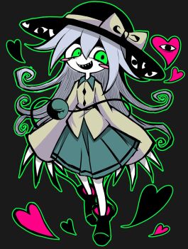 1girl black_hat blouse bow buttons crazy crazy_eyes diamond_button eyeball frilled_shirt_collar frilled_sleeves frills green_hair green_skirt hat hat_bow hat_ribbon hatosabure heart highres koishi_komeiji's_heart-throbbing_adventure komeiji_koishi ribbon shirt skirt solo third_eye touhou wide_sleeves yellow_bow yellow_ribbon yellow_shirt