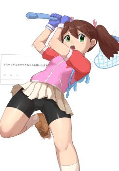 1girl arms_up bike_shorts bike_shorts_under_skirt breasts brown_hair gloves green_eyes highres jumping legs looking_at_viewer net open_mouth saru_getchu sayaka_(saru_getchu) serious skirt small_breasts solo sony teeth thighs tongue twintails