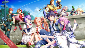 :d ^_^ against_wall agate_crosner ahoge alcohol anniversary ascot barefoot blonde_hair blue_hair blue_sky bottle brick_wall closed_eyes cloud commentary_request computer cup curtained_hair dark-skinned_female dark_skin dress eiyuu_densetsu estelle_bright everyone facial_mark forehead_mark frilled_dress frills glass goggles goggles_on_head gothic_lolita gourd highres holding holding_bottle holding_cup holding_gourd holding_laptop joshua_bright kloe_rinz laptop leaning lolita_fashion olivert_reise_arnor one_eye_closed open_mouth orange_hair purple_hair red_ascot red_eyes red_hair renne_(eiyuu_densetsu) scherazard_harvey sky smile sora_no_kiseki teeth tinybiard tita_russell translation_request tree twintails white_dress wine_bottle yellow_eyes zin_vathek