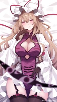 1girl absurdres bed_sheet black_gloves black_thighhighs blonde_hair breasts cleavage cleavage_cutout clothing_cutout commentary_request cowboy_shot dress finger_to_mouth gap_(touhou) garter_straps gloves hair_between_eyes hat hat_ribbon highres large_breasts long_hair long_sleeves looking_at_viewer lying maka_(user_rryf2748) mob_cap on_back purple_eyes purple_tabard red_ribbon ribbon solo tabard thighhighs touhou trigram twitter_username very_long_hair white_dress white_hat wide_sleeves yakumo_yukari