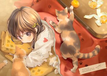 1girl animal brown_eyes brown_hair cat closed_mouth commentary_request english_text food fruit hair_ornament heart heart_hair_ornament hugging_object kotatsu kuga_tsukasa long_hair long_sleeves mandarin_orange original puffy_long_sleeves puffy_sleeves signature smile solo sweater table twitter_username under_kotatsu under_table white_sweater