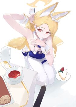 1girl alternate_costume animal_ear_fluff animal_ears bird blonde_hair blue_archive blue_bow blue_bowtie blue_leotard blue_shoes bow bowtie bra breasts cake cross_halo detached_collar dokshuri ear_wreath food forehead fox_ears fox_girl from_above halo high_heels highres leotard long-tailed_tit long_hair looking_at_viewer pantyhose playboy_bunny seia_(blue_archive) seiza shoes sitting small_breasts solo strapless strapless_leotard swiss_roll thigh_strap tit_(bird) tucking_hair underwear white_bra white_pantyhose white_wrist_cuffs wrist_cuffs yellow_eyes yellow_halo