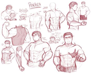 1boy 2girls abs anatomy artist_self-insert bara biceps black_hair blush collared_shirt cropped_legs cropped_torso dracko_(panqlao) faceless faceless_male facial_hair flexing goatee groping highres how_to large_pectorals male_focus mature_male monochrome multiple_girls muscular muscular_male navel nipples panqlao pectoral_grab pectorals senpai_ga_uzai_kouhai_no_hanashi shiromanta_(character) shirt short_hair sideburns sketch sleeveless sleeveless_shirt stomach stubble takeda_harumi thick_eyebrows topless_male towel towel_around_waist