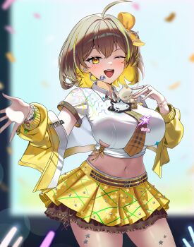 1girl ;d absurdres ahoge anis_(nikke) anis_(star)_(nikke) anis_(star)_(t.t._star)_(nikke) bead_bracelet beads belt blonde_hair blurry blurry_background blush bracelet breasts brown_hair brown_necktie collared_shirt cowboy_shot crop_top cropped_shirt goddess_of_victory:_nikke hair_ribbon headset highres idol jacket jewelry large_breasts leg_tattoo long_sleeves looking_at_viewer microphone midriff miniskirt multicolored_hair multiple_bracelets navel necktie off_shoulder one_eye_closed open_clothes open_jacket open_mouth pleated_skirt ribbon ring shirt short_hair short_sleeves skirt smile solo stage stage_lights standing stomach streaked_hair tattoo taut_clothes taut_shirt teeth tied_shirt two-tone_hair underboob upper_teeth_only vavamva white_shirt yellow_eyes yellow_jacket yellow_necktie yellow_skirt