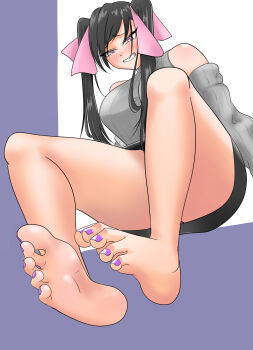 1girl barefoot black_hair blush feet grin highres kon_(user_vvkd7358) long_hair purple_eyes smile soles toes twintails