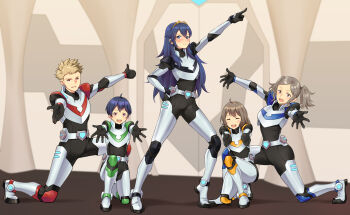 2boys 3girls :d absurdres ahoge black_gloves blonde_hair blue_eyes blue_hair brother_and_sister brown_hair commentary commission cousins cynthia_(fire_emblem) english_commentary female_morgan_(fire_emblem) fire_emblem fire_emblem_awakening gloves grey_hair hare_hare_yukai highres kneeling long_hair lucina_(fire_emblem) male_morgan_(fire_emblem) multiple_boys multiple_girls nintendo official_alternate_hair_color open_mouth outstretched_arms owain_(fire_emblem) parody parted_bangs pointing pointing_up redkite333 second-party_source short_hair siblings sisters smile standing suzumiya_haruhi_no_yuuutsu tiara tongue very_long_hair