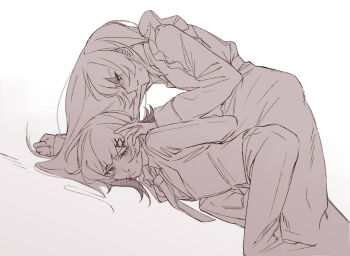 2girls anger_vein apron blood blush dress hand_on_another&#039;s_head heihuamu1 long_hair mahou_shoujo_no_majo_saiban maid monochrome multiple_girls necktie nikaido_hiro nosebleed pants parted_lips pinned sakuraba_ema short_hair yuri