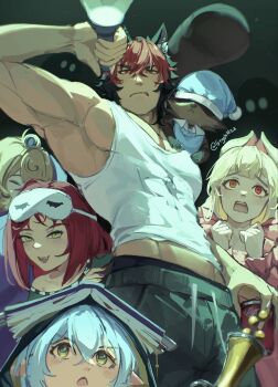 1boy 1other 4girls absurdres alice_thymefield animal animal_ear_fluff animal_ears animal_on_shoulder armpits black_hair blonde_hair blue_hair blue_hat blue_pajamas blush book book_on_head can closed_eyes collarbone commentary dog_boy dog_ears english_commentary fang flashlight frilled_pajamas frills from_below goat goat_girl green_eyes green_pajamas green_pants gryphnzz hair_between_eyes hand_on_another&#039;s_waist hat heterochromia hiding hiding_behind_another highres holding holding_can holding_flashlight holding_staff horizontal_pupils kamanosuke_(zenless_zone_zero) komano_manato long_hair looking_up lucia_elowen mask mask_on_head multicolored_hair multicolored_nails multiple_girls muscular muscular_male object_on_head off-shoulder_shirt off_shoulder open_mouth pajamas pants pectorals pink_pajamas pointy_ears rabbit_ears rabbit_girl raccoon red_eyes red_hair scared shirt short_hair sleep_mask soda staff tank_top tanuki twitter_username ukinami_yuzuha white_shirt yellow_eyes yidhari_murphy zenless_zone_zero