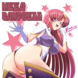 Rule 34 | ass, blue eyes, breasts, capelet, character name, covered erect nipples, cowboy shot, dated, gloves, gundam, gundam seed, gundam seed destiny, hair ornament, highleg, highleg leotard, highres, index finger raised, large breasts, leaning forward, leotard, long hair, looking at viewer, looking back, meer campbell, moke ro, multicolored leotard, pink hair, purple skirt, skirt, star (symbol), star hair ornament, starry background, twitter username, typo, white background, white capelet, white gloves
