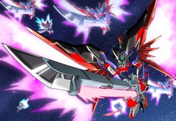 afterimage amakawa_mayu aqua_eyes bravern crossover destiny_gundam_spec_ii energy_sword energy_wings glowing glowing_eyes gridknight_(ssss.gridman) gridknight_calibur gundam gundam_seed gundam_seed_freedom highres holding holding_sword holding_weapon mecha mobile_suit no_humans robot space star_(sky) sword v-fin voice_actor_connection weapon