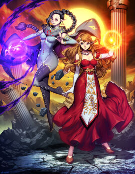 2girls alternate_costume alternate_universe bead_necklace beads blue_eyes bodysuit boots brown_hair cape casting_spell commentary commentary_request dress earrings english_commentary genzoman grey_bodysuit grey_boots grey_cape jewelry long_braid long_dress long_hair magic mixed-language_commentary multiple_girls necklace nintendo pillar pointy_ears princess_zelda red_dress red_eyes rubble sheik the_legend_of_zelda triforce