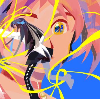 2girls akemi_homura akemi_homura_(magical_girl) argyle_clothes argyle_footwear bell black_boots black_eyes black_hair black_skirt blue_background blue_pupils boots choker collarbone dress happy height_difference highres kaname_madoka kaname_madoka_(magical_girl) long_hair long_sleeves looking_ahead magical_girl mahou_shoujo_madoka_magica mahou_shoujo_madoka_magica_(anime) miniskirt multiple_girls neck_bell nervous outstretched_arm pink_choker pink_dress pink_hair pointy_nose ribbon running short_dress short_hair short_twintails simple_background skirt square_neckline thigh_boots twintails very_long_hair white_dress xinzangjian yellow_eyes yellow_ribbon