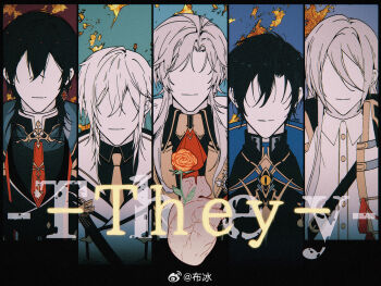 5boys alkaid_mcgrath alkaid_mcgrath_(infinite_empire) aqua_background ascot ayn_alwyn ayn_alwyn_(infinite_empire) belt black_border black_cape black_hair black_jacket black_shirt blue_background blue_cape border bubing cael_anselm cael_anselm_(infinite_empire) cape chinese_commentary clarence_clayden clarence_clayden_(infinite_empire) closed_mouth collared_shirt contrast_lapels column_lineup curtained_hair diamond-shaped_earrings earrings english_text eye_symbol facing_viewer flower gem green_background hair_between_eyes heart_(organ) jacket jewelry lapels lars_rorschach lars_rorschach_(infinite_empire) light_smile long_bangs long_hair_between_eyes lovebrush_chronicles male_focus medium_hair military_uniform mole mole_under_eye multiple_boys necktie no_eyes notched_lapels partially_colored purple_background red_ascot red_background red_flower red_gemstone red_necktie red_rose rose sam_browne_belt shirt short_hair single_earring straight-on swept_bangs tassel upper_body watermark weibo_watermark white_cape white_hair white_jacket yellow_necktie