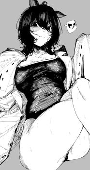 10_4_(10f0ur) 1girl absurdres agnes_tachyon_(umamusume) animal_ears blush closed_mouth coat commentary crossed_legs english_commentary greyscale hair_between_eyes highres horse_ears horse_girl lab_coat looking_at_viewer monochrome one-piece_swimsuit open_clothes open_coat short_hair solo sweat swimsuit umamusume