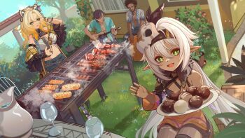 2boys 2girls arm_tattoo bare_shoulders breasts camunekoz cooking crop_top dark-skinned_female dark_skin detached_sleeves elf fingerless_gloves food fur-trimmed_jacket fur_trim genshin_impact glass gloves green_eyes grill grilling high-waist_shorts highres holding holding_instrument holding_plate holding_ukulele iansan_(genshin_impact) instrument jacket long_hair meat medium_breasts midriff multiple_boys multiple_girls nail_polish open_mouth plate pointy_ears shorts tattoo ukulele white_hair xilonen_(genshin_impact)