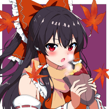 Rule 34 | 1girl, ascot, autumn leaves, bow, brown hair, commentary request, detached sleeves, eating, falling leaves, food, food on face, frilled bow, frilled hair tubes, frills, hair bow, hair tubes, hakurei reimu, highres, holding, holding food, leaf, long hair, new kamiyan, open mouth, red bow, red eyes, ribbon-trimmed sleeves, ribbon trim, roasted sweet potato, solo, steam, sweet potato, touhou, yellow ascot