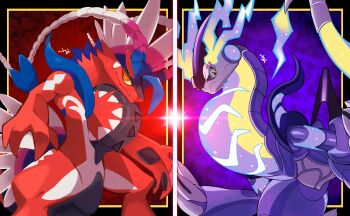 Rule 34 | black sclera, closed mouth, colored sclera, commentary request, dragon, hensyoku rkgk, highres, koraidon, miraidon, multicolored eyes, nintendo, no humans, non-humanoid robot, orange eyes, pixel eyes, pokemon, pokemon (creature), pokemon focus, robot, robot dragon, yellow sclera