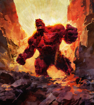 Rule 34 | 1boy, abs, absurdres, colored skin, highres, hulk, male focus, marvel, marvel snap, muscular, muscular male, official art, open mouth, pectorals, red hulk, red skin, short hair, shouting, teeth, topless male, viktor farro