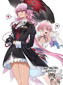 2boys 2girls absurdres black_dress black_hair breasts caelus_(honkai:_star_rail) cleavage commentary dan_heng_(honkai:_star_rail) dan_heng_(permansor_terrae)_(honkai:_star_rail) dragon_boy dress dual_persona eastern_dragon_horns english_text evernight_(honkai:_star_rail) grey_hair heart highres holding holding_umbrella honkai:_star_rail honkai_(series) long_hair making_faces march_7th_(honkai:_star_rail) march_7th_(preservation)_(honkai:_star_rail) medium_breasts medium_hair multicolored_eyes multiple_boys multiple_girls pink_hair pnk_crow red_eyes shirt simple_background spoken_heart spoken_tongue symbol-only_commentary trailblazer_(honkai:_star_rail) two-tone_eyes umbrella white_background white_shirt