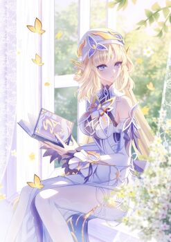 1girl bare_shoulders blonde_hair blue_eyes book breasts bug butterfly commentary cross-shaped_pupils day detached_sleeves dress flower genshin_impact hat highres holding holding_book insect long_hair looking_to_the_side medium_breasts naemi_fay nicole_(genshin_impact) on_windowsill pantyhose parted_lips sitting sleeveless sleeveless_dress solo symbol-shaped_pupils very_long_hair white_dress white_flower white_hat white_pantyhose white_sleeves yellow_butterfly