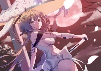 1girl absurdres armor bare_tree blurry bodysuit breasts clothing_cutout depth_of_field from_behind goddess_of_victory:_nikke grey_hair hanbok625 hat highres holding holding_weapon japanese_armor jingasa kote large_hat leotard long_hair looking_at_viewer medium_breasts petals scarlet_(nikke) sheat shoulder_armor sideboob sode solo sword tree weapon white_bodysuit white_leotard yellow_eyes