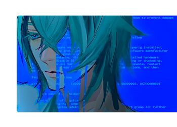 1boy binbou03 blue_eyes blue_screen_of_death closed_mouth colored_eyelashes commentary crossed_bangs english_commentary green_hair looking_down male_focus missing_eye original short_hair solo