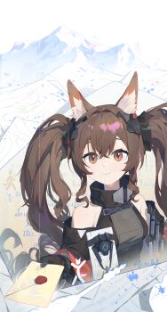 1girl absurdres angelina_(arknights) animal_ear_fluff animal_ears arknights arknights:_endfield bare_shoulders black_dress black_gloves black_jacket blush brown_eyes brown_hair chinese_clothes closed_mouth commentary crossed_bangs dress gilberta_(arknights) gloves hair_between_eyes highres holding holding_letter jacket letter long_hair looking_at_viewer mountain open_clothes open_jacket smile solo twintails ziid_(ziid69)