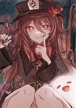1girl black_hat black_nails boo_tao_(genshin_impact) brown_hair fingersmile flower flower-shaped_pupils genshin_impact ghost hair_between_eyes hat hat_flower highres hisui_(xztw) hu_tao_(genshin_impact) jewelry long_hair long_sleeves looking_at_viewer plum_blossoms red_eyes ring shorts sitting smile symbol-shaped_pupils twintails very_long_hair