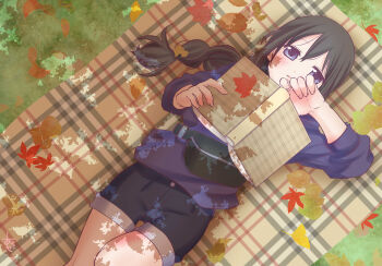 1girl akemi_homura alternate_costume aroze autumn autumn_leaves black_bag black_hair blue_shorts book braid casual cowboy_shot denim denim_shorts dot_nose falling_leaves fanny_pack fingernails grass highres holding holding_book jewelry leaf light_blush long_hair long_sleeves looking_at_viewer lying mahou_shoujo_madoka_magica mahou_shoujo_madoka_magica_(anime) on_back on_blanket open_book outdoors parted_lips purple_eyes purple_shirt ring shade shirt shorts single_braid three-quarter_sleeves solo tree tsurime under_tree